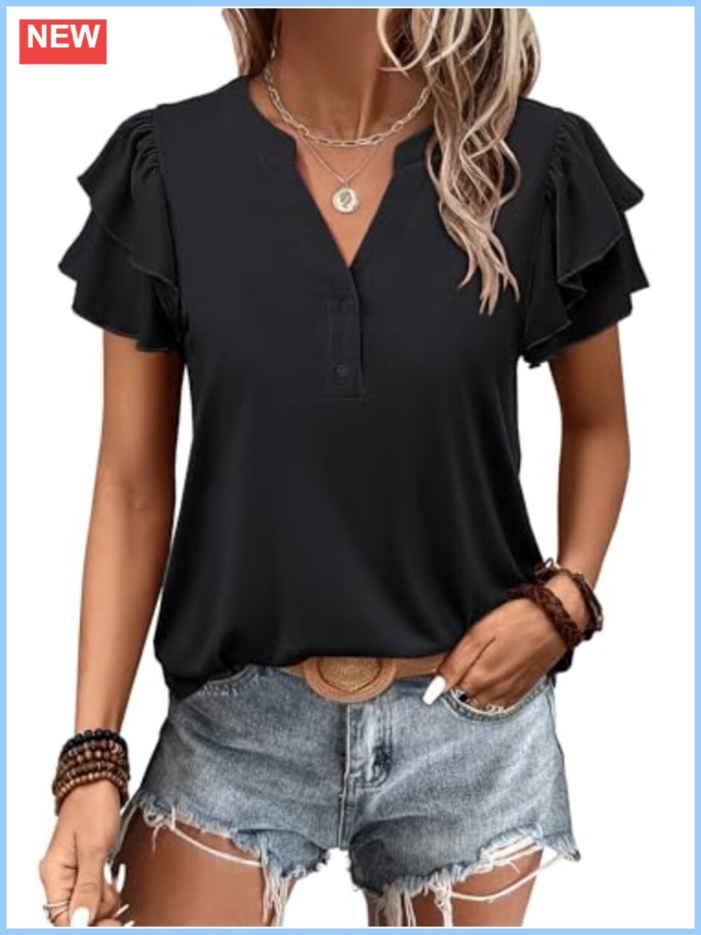 Womens Dressy Casual Blouse Flutter Short Sleeve Loose V-Neck Top